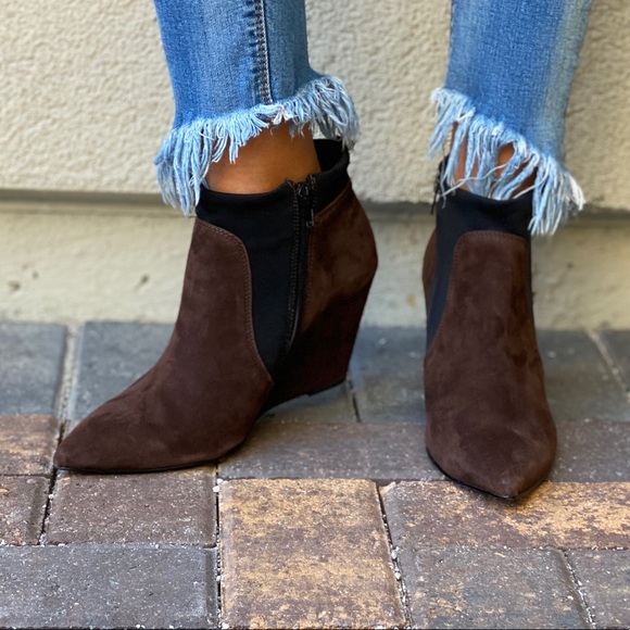 Brown Genuine Suede Chelsea Pointy Toe Wedge Boots - Picture 5 of 9